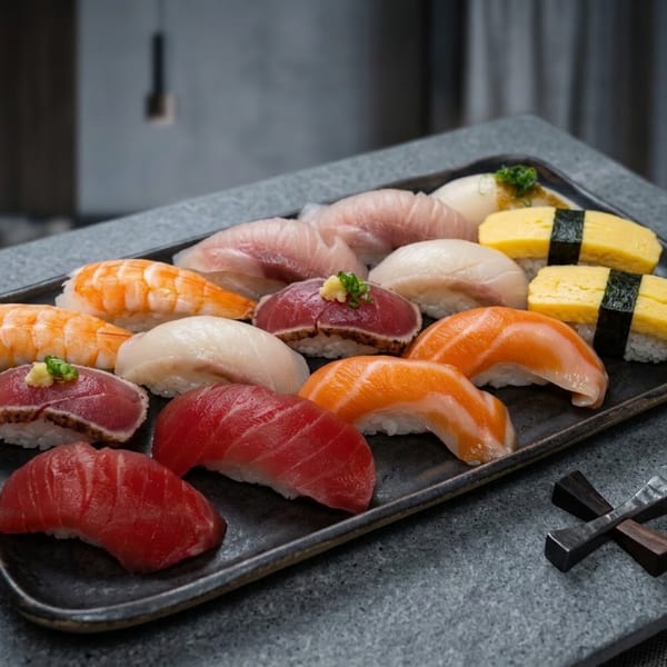 Assortment of colorful nigiri sushi with various fish, shrimp, and tamago on a dark rectangular plate.