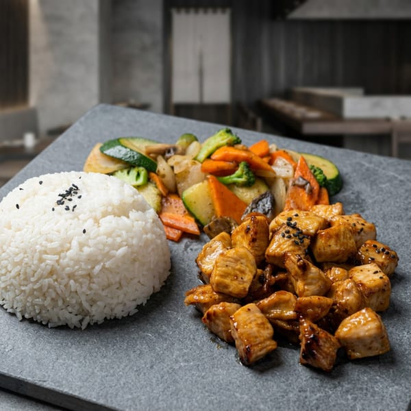 Hibachi chicken with rice and mixed vegetables, including zucchini, carrots, and broccoli, on a gray plate.