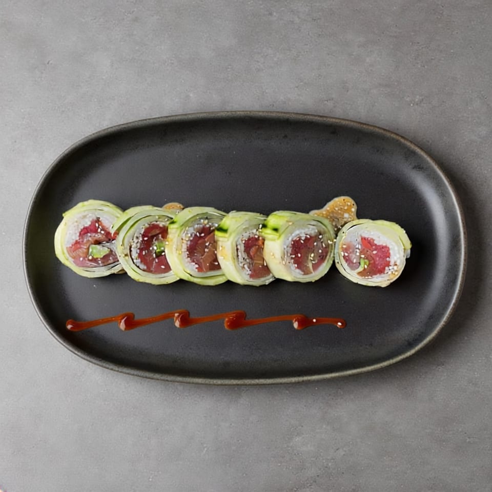 Six pieces of tuna and cucumber sushi rolls with sesame seeds and a drizzle of sauce.